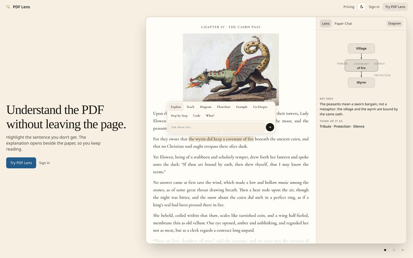 PDF Lens workspace showing a document open with a highlighted sentence